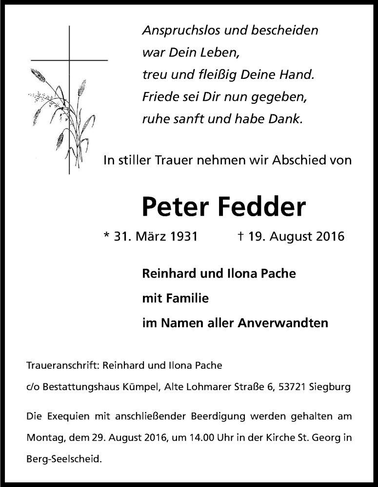  Traueranzeige für Peter Fedder vom 24.08.2016 aus Kölner Stadt-Anzeiger / Kölnische Rundschau / Express