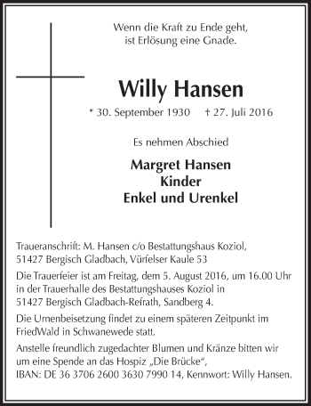 Anzeige von Willy Hansen von  Bergisches Handelsblatt 