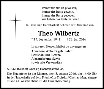 Anzeige von Theo Wilbertz von Kölner Stadt-Anzeiger / Kölnische Rundschau / Express