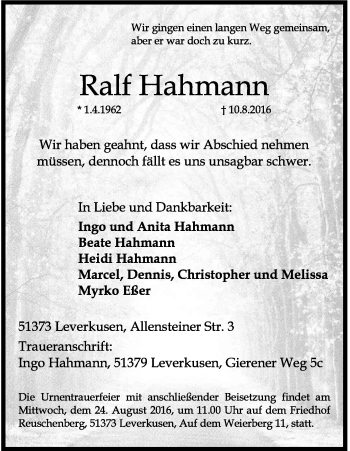 Anzeige von Ralf Hahmann von Kölner Stadt-Anzeiger / Kölnische Rundschau / Express