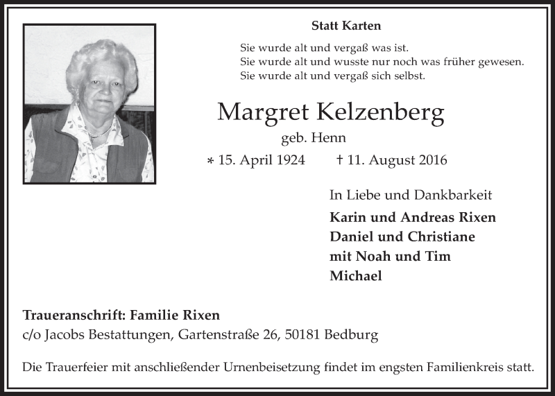  Traueranzeige für Margret Kelzenberg vom 24.08.2016 aus  Werbepost 