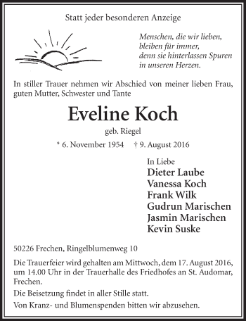 Anzeige von Eveline Koch von  Sonntags-Post 