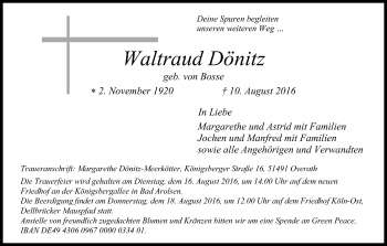 Anzeige von Waltraud Dönitz von Kölner Stadt-Anzeiger / Kölnische Rundschau / Express