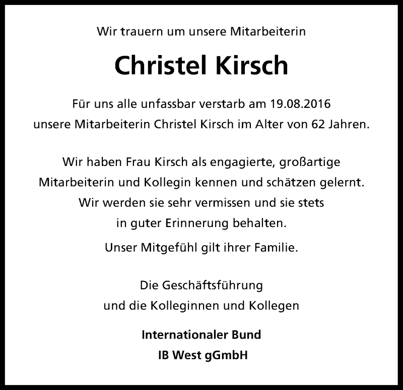  Traueranzeige für Christel Kirsch vom 27.08.2016 aus Kölner Stadt-Anzeiger / Kölnische Rundschau / Express