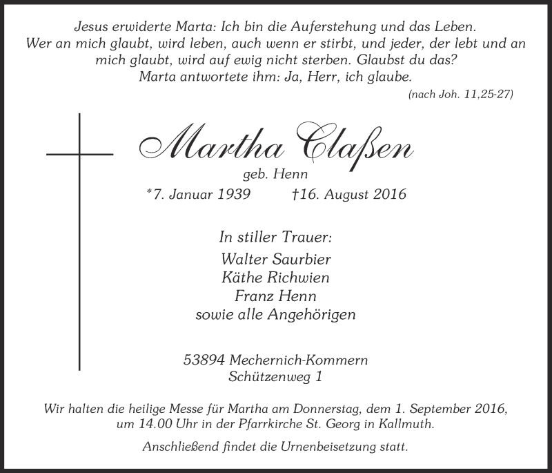  Traueranzeige für Martha Claßen vom 27.08.2016 aus  Blickpunkt Euskirchen 