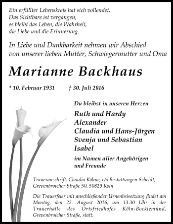Anzeige von Marianne Backhaus von Kölner Stadt-Anzeiger / Kölnische Rundschau / Express