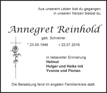 Anzeige von Annegret Reinhold von  Blickpunkt Euskirchen 