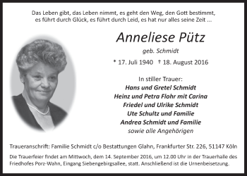 Anzeige von Anneliese Pütz von  Kölner Wochenspiegel 