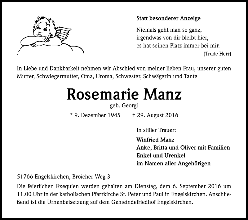  Traueranzeige für Rosemarie Manz vom 31.08.2016 aus Kölner Stadt-Anzeiger / Kölnische Rundschau / Express