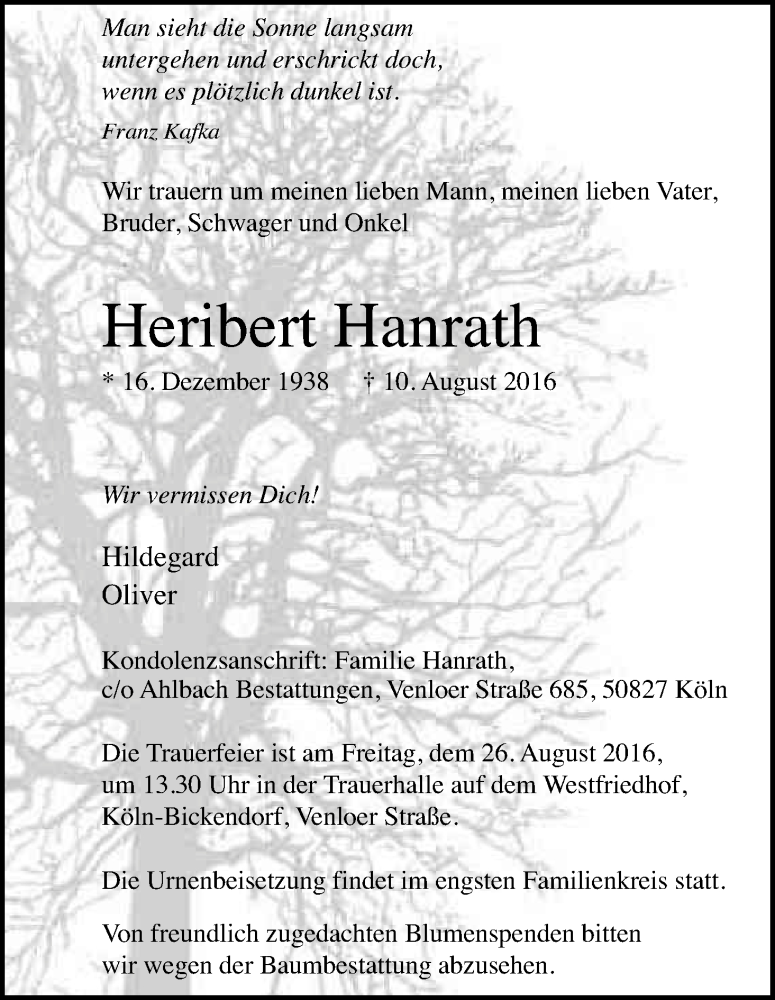  Traueranzeige für Heribert Hanrath vom 20.08.2016 aus Kölner Stadt-Anzeiger / Kölnische Rundschau / Express