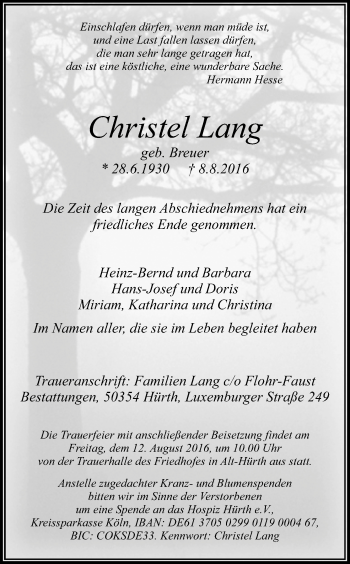 Anzeige von Christel Lang von Kölner Stadt-Anzeiger / Kölnische Rundschau / Express