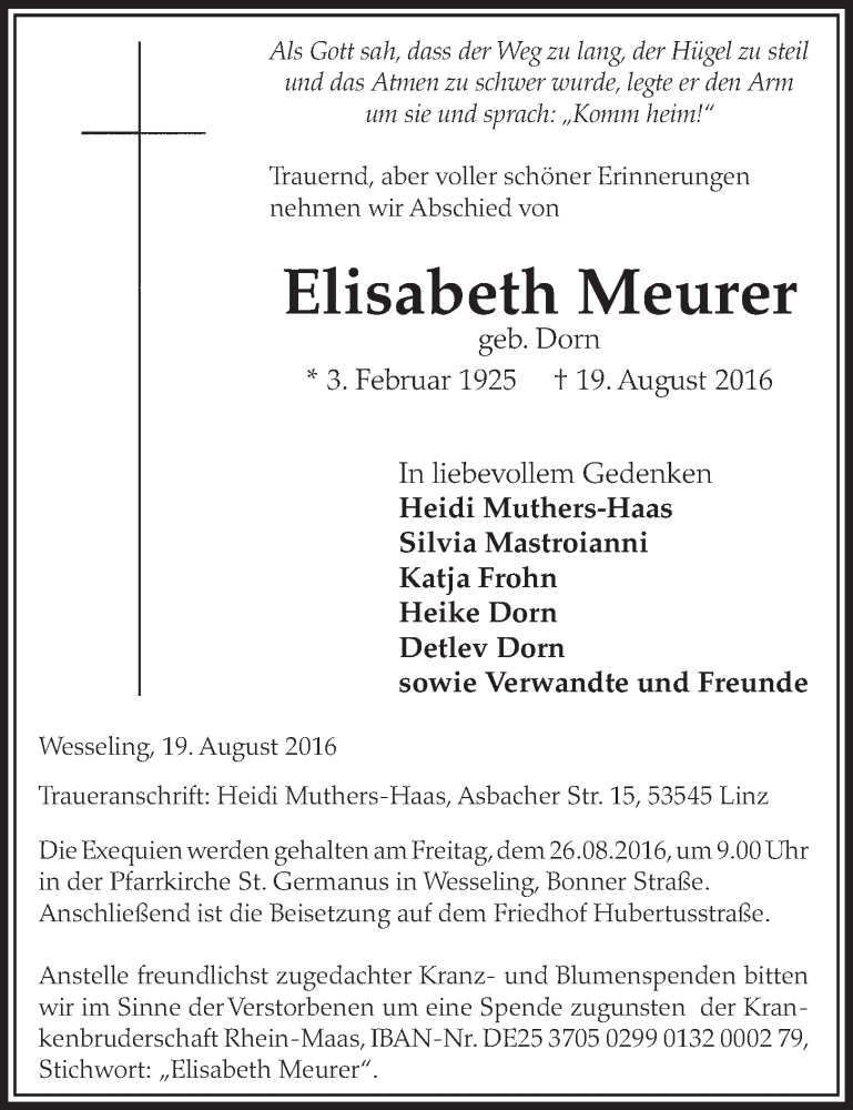  Traueranzeige für Elisabeth Meurer vom 24.08.2016 aus  Schlossbote/Werbekurier 