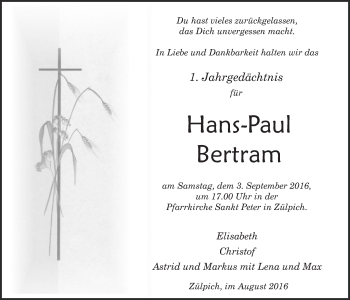 Anzeige von Hans-Paul Bertram von  Blickpunkt Euskirchen 