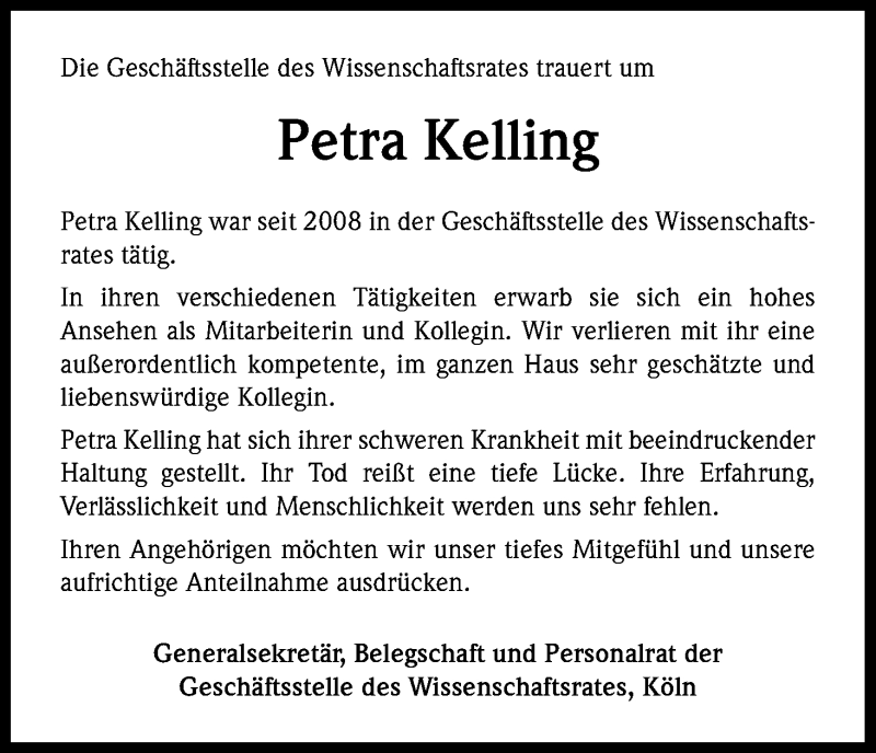  Traueranzeige für Petra Kelling vom 13.08.2016 aus Kölner Stadt-Anzeiger / Kölnische Rundschau / Express