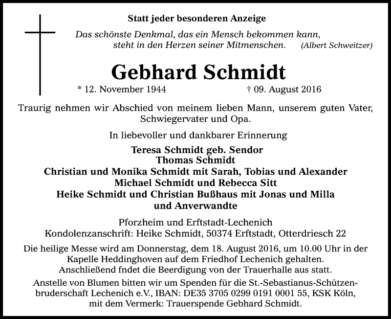  Traueranzeige für Gebhard Schmidt vom 13.08.2016 aus Kölner Stadt-Anzeiger / Kölnische Rundschau / Express