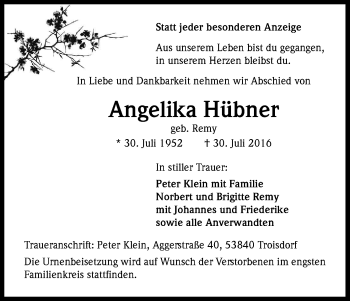 Anzeige von Angelika Hübner von Kölner Stadt-Anzeiger / Kölnische Rundschau / Express