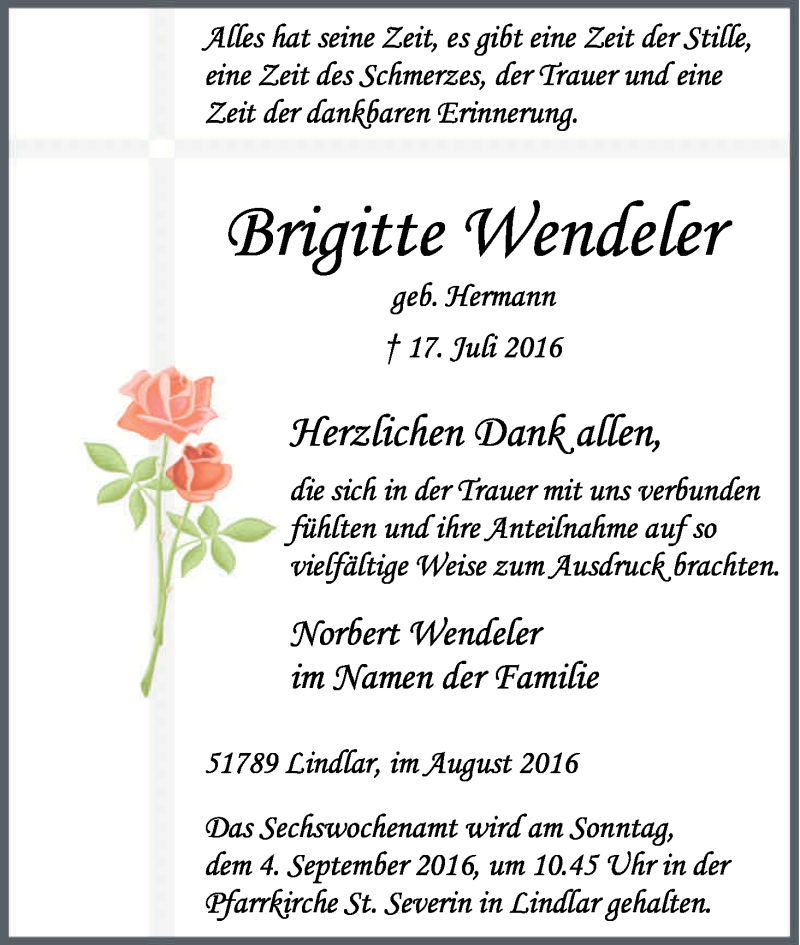  Traueranzeige für Brigitte Wendeler vom 27.08.2016 aus Kölner Stadt-Anzeiger / Kölnische Rundschau / Express