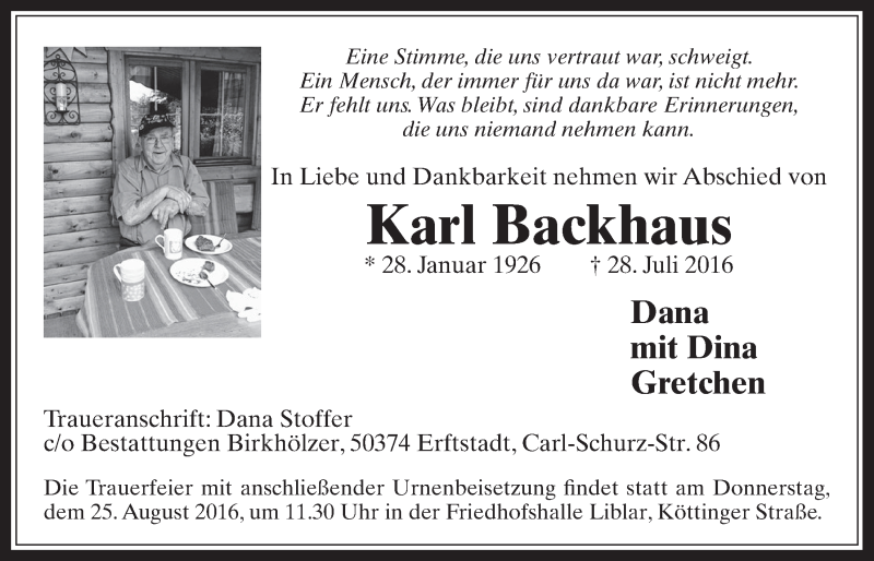  Traueranzeige für Karl Backhaus vom 17.08.2016 aus  Werbepost 