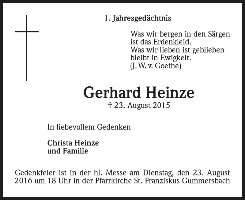  Traueranzeige für Gerhard Heinze vom 23.08.2016 aus Kölner Stadt-Anzeiger / Kölnische Rundschau / Express