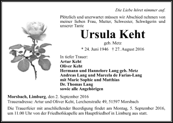 Anzeige von Ursula Keht von Kölner Stadt-Anzeiger / Kölnische Rundschau / Express