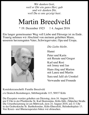 Anzeige von Martin Breedveld von Kölner Stadt-Anzeiger / Kölnische Rundschau / Express