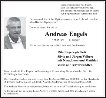 Anzeige von Andreas Engels von  Sonntags-Post 