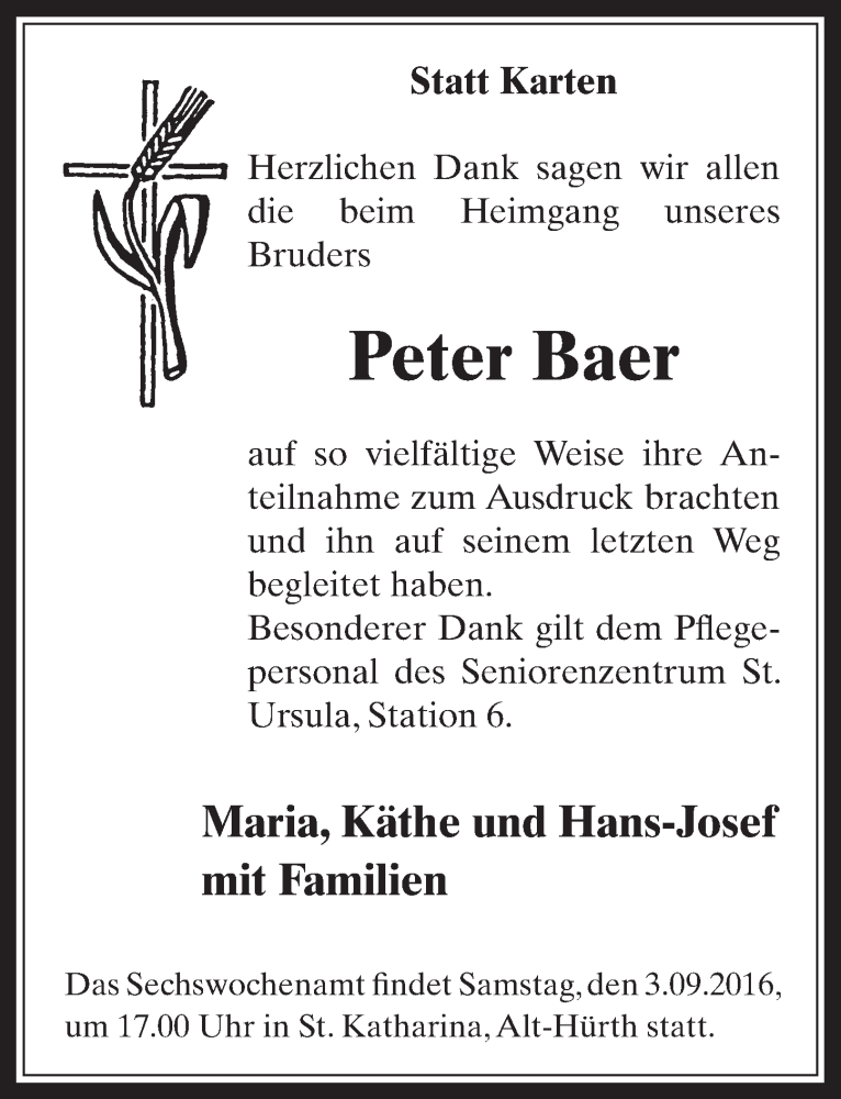  Traueranzeige für Peter Baer vom 31.08.2016 aus  Wochenende 