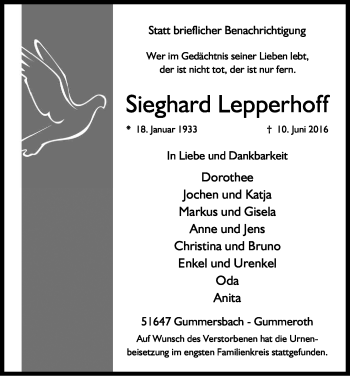 Anzeige von Sieghard Lepperhoff von Kölner Stadt-Anzeiger / Kölnische Rundschau / Express