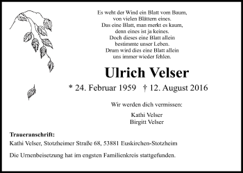 Anzeige von Ulrich Velser von  Blickpunkt Euskirchen 