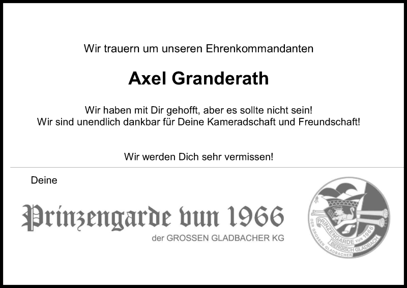  Traueranzeige für Axel Granderath vom 27.08.2016 aus Kölner Stadt-Anzeiger / Kölnische Rundschau / Express