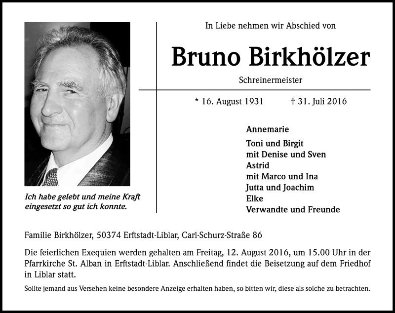  Traueranzeige für Bruno Birkhölzer vom 06.08.2016 aus Kölner Stadt-Anzeiger / Kölnische Rundschau / Express