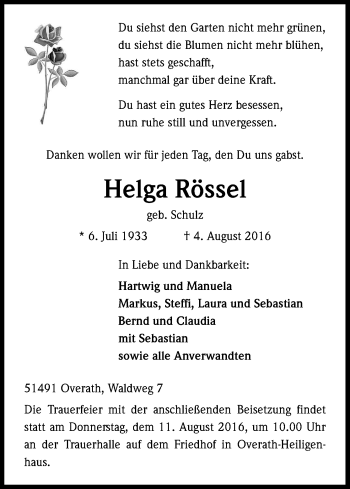 Anzeige von Helga Rössel von Kölner Stadt-Anzeiger / Kölnische Rundschau / Express