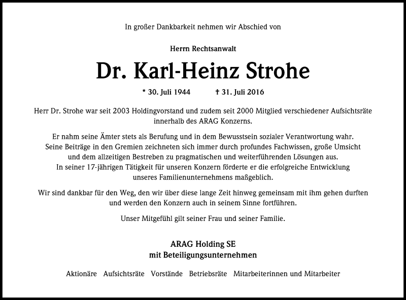  Traueranzeige für Karl-Heinz Strohe vom 06.08.2016 aus Kölner Stadt-Anzeiger / Kölnische Rundschau / Express