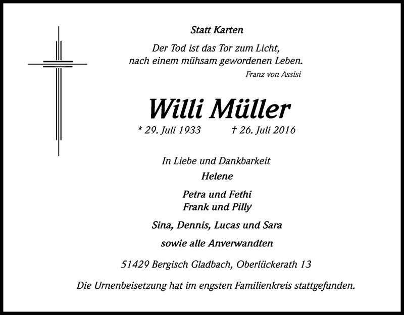  Traueranzeige für Willi Müller vom 09.08.2016 aus Kölner Stadt-Anzeiger / Kölnische Rundschau / Express
