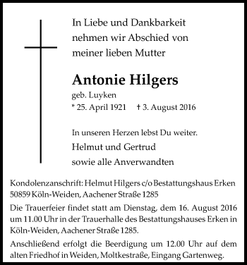 Anzeige von Antonie Hilgers von Kölner Stadt-Anzeiger / Kölnische Rundschau / Express