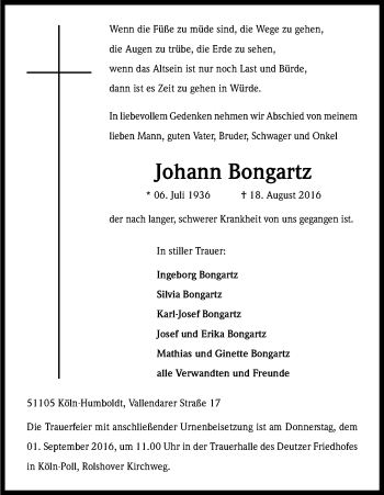 Anzeige von Johann Bongartz von Kölner Stadt-Anzeiger / Kölnische Rundschau / Express