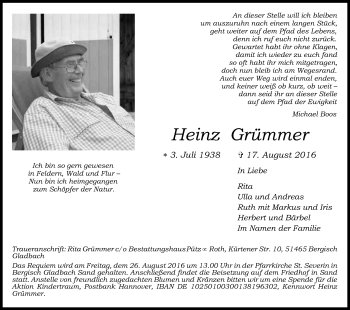 Anzeige von Heinz Grümmer von Kölner Stadt-Anzeiger / Kölnische Rundschau / Express