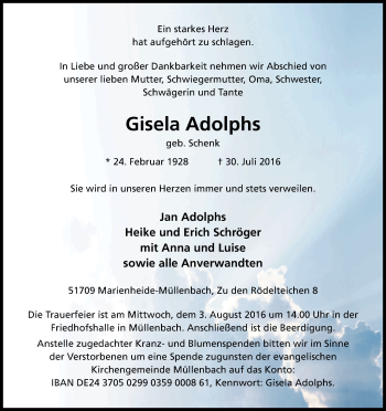 Anzeige von Gisela Adolphs von Kölner Stadt-Anzeiger / Kölnische Rundschau / Express