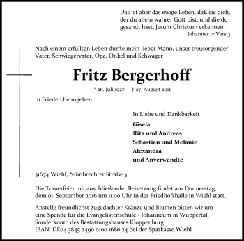 Anzeige von Fritz Bergerhoff von Kölner Stadt-Anzeiger / Kölnische Rundschau / Express