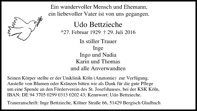  Traueranzeige für Udo Bettzieche vom 10.08.2016 aus Kölner Stadt-Anzeiger / Kölnische Rundschau / Express