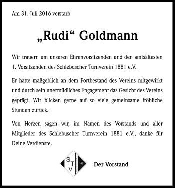 Anzeige von Rudi Goldmann von Kölner Stadt-Anzeiger / Kölnische Rundschau / Express