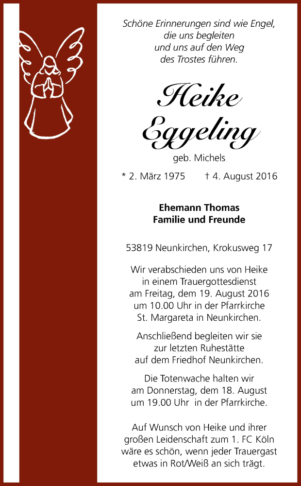  Traueranzeige für Heike Eggeling vom 13.08.2016 aus Kölner Stadt-Anzeiger / Kölnische Rundschau / Express