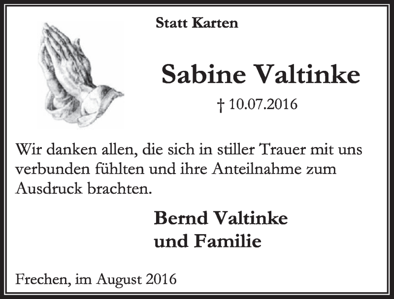  Traueranzeige für Sabine Valtinke vom 06.08.2016 aus  Sonntags-Post 