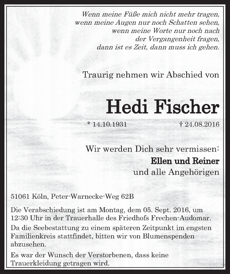  Traueranzeige für Hedi Fischer vom 31.08.2016 aus  Wochenende 