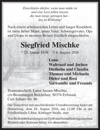 Anzeige von Siegfried Mischke von  Wochenende  Schlossbote/Werbekurier  Werbepost 