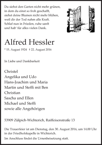 Anzeige von Alfred Hessler von  Blickpunkt Euskirchen 