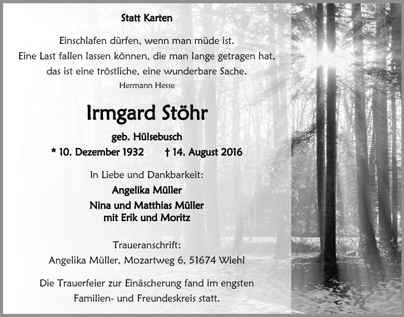  Traueranzeige für Irmgard Stöhr vom 24.08.2016 aus  Anzeigen Echo 