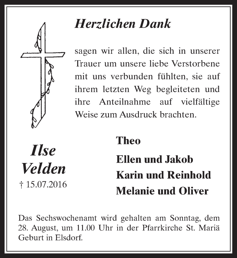  Traueranzeige für Ilse Velden vom 17.08.2016 aus  Werbepost 