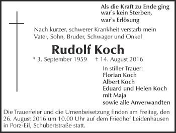 Anzeige von Rudolf Koch von  Kölner Wochenspiegel 