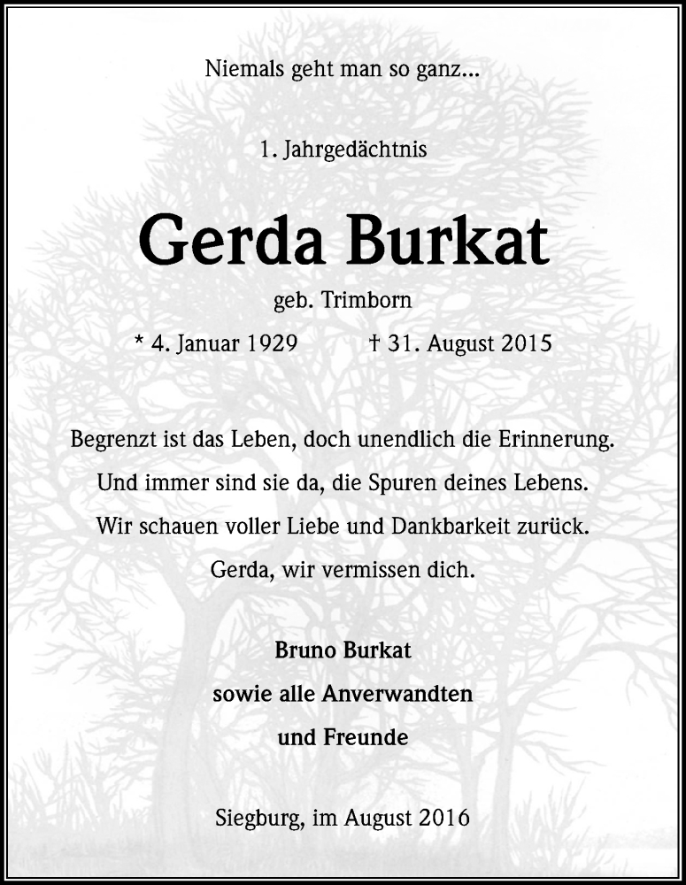  Traueranzeige für Gerda Burkat vom 31.08.2016 aus Kölner Stadt-Anzeiger / Kölnische Rundschau / Express